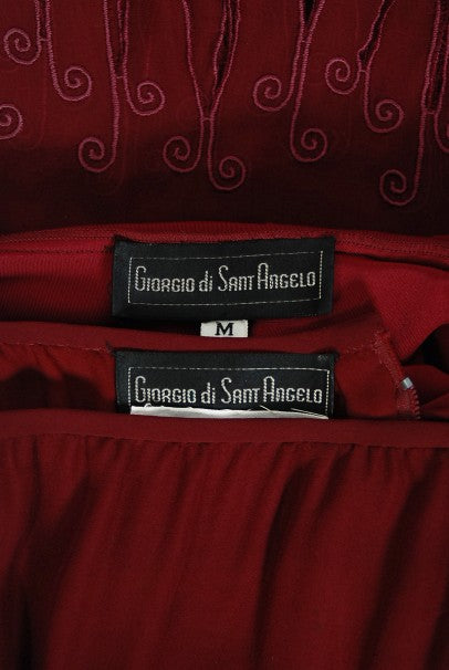 1970&#39;s Sant&#39; Angelo Burgundy Draped Chiffon Bodysuit &amp; Fringed Maxi Skirt