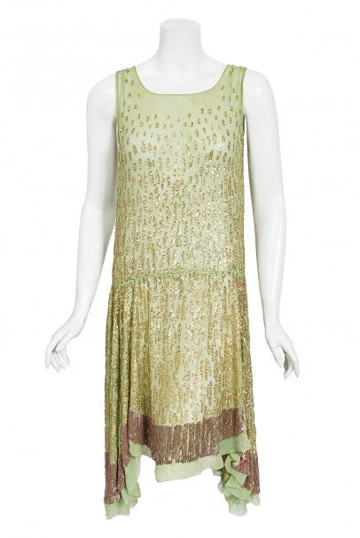 1920&#39;s French Mint-Green Beaded Sequin Chiffon Draped Flapper Dress