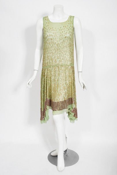 1920&#39;s French Mint-Green Beaded Sequin Chiffon Draped Flapper Dress