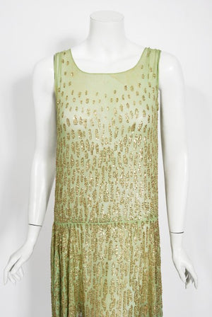 1920's French Mint-Green Beaded Sequin Chiffon Draped Flapper Dress