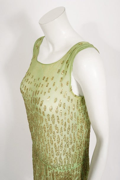 1920&#39;s French Mint-Green Beaded Sequin Chiffon Draped Flapper Dress