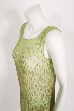 1920's French Mint-Green Beaded Sequin Chiffon Draped Flapper Dress