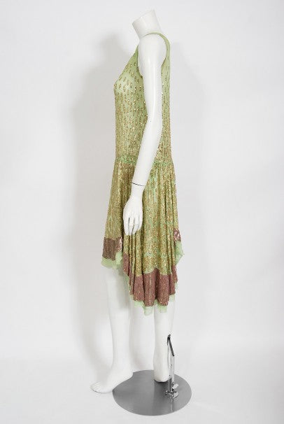 1920's French Mint-Green Beaded Sequin Chiffon Draped Flapper Dress 1920's French Mint-Green Beaded Sequin Chiffon Draped Flapper Dress