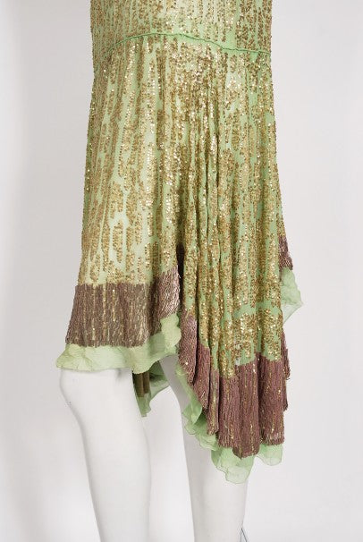 1920&#39;s French Mint-Green Beaded Sequin Chiffon Draped Flapper Dress