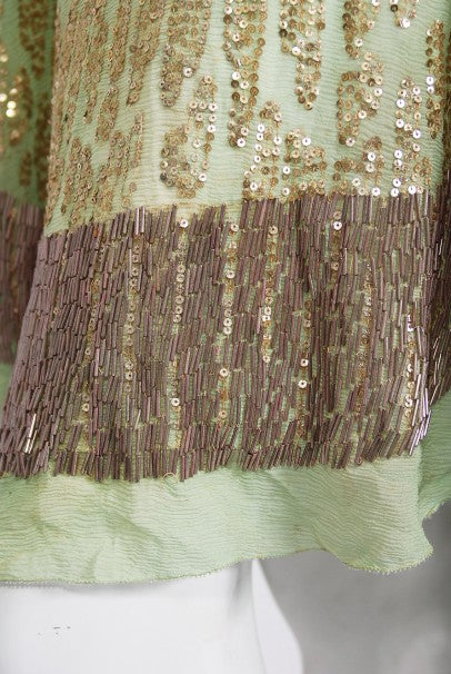 1920&#39;s French Mint-Green Beaded Sequin Chiffon Draped Flapper Dress