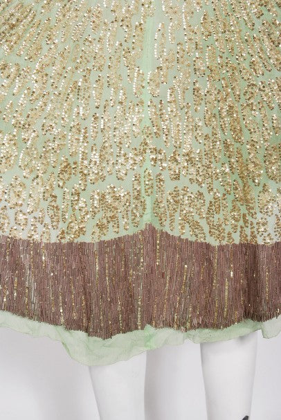 1920&#39;s French Mint-Green Beaded Sequin Chiffon Draped Flapper Dress