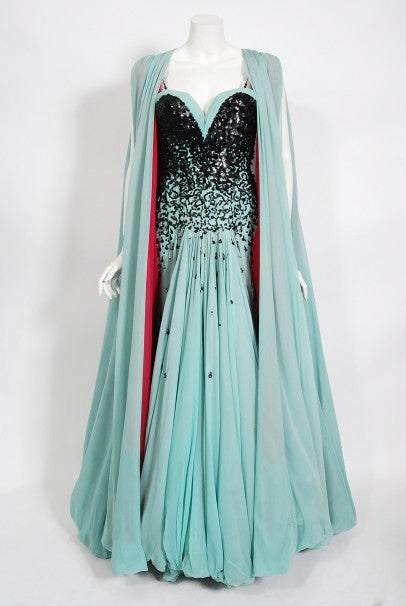1950&#39;s Marie Latz Couture Beaded Silk Gown Ensemble Worn by Yma Sumac