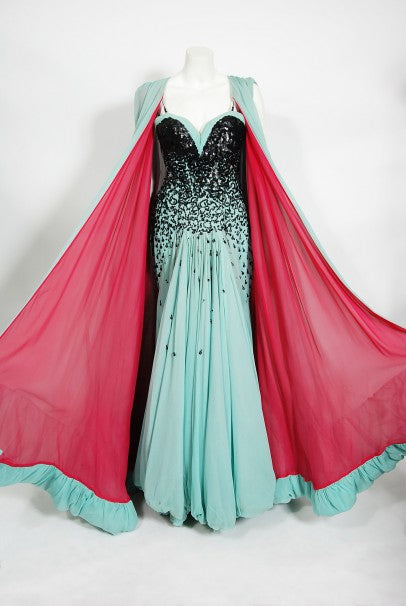 1950&#39;s Marie Latz Couture Beaded Silk Gown Ensemble Worn by Yma Sumac