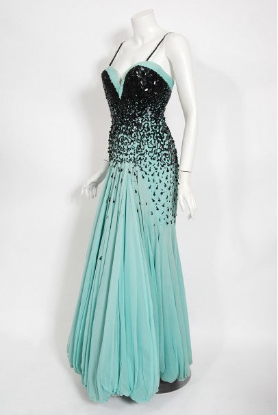 1950&#39;s Marie Latz Couture Beaded Silk Gown Ensemble Worn by Yma Sumac