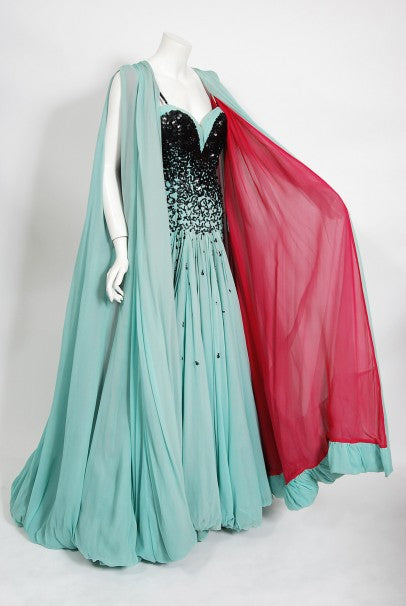 1950&#39;s Marie Latz Couture Beaded Silk Gown Ensemble Worn by Yma Sumac