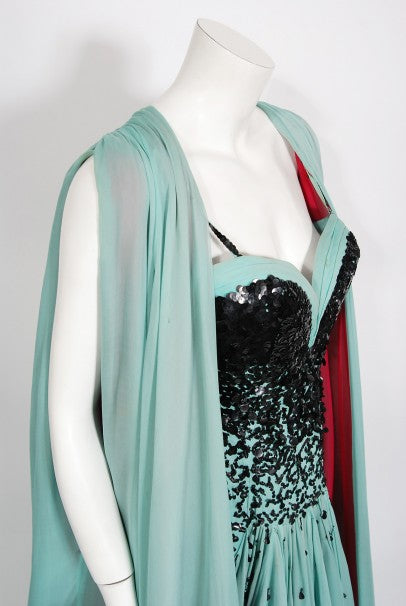 1950&#39;s Marie Latz Couture Beaded Silk Gown Ensemble Worn by Yma Sumac