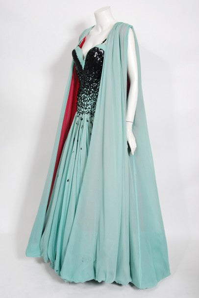 1950&#39;s Marie Latz Couture Beaded Silk Gown Ensemble Worn by Yma Sumac