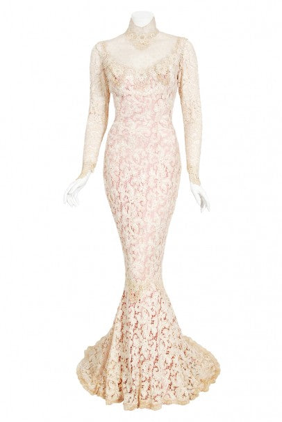 1969 Gypsy Rose Lee Custom Couture Ivory Lace &amp; Pink Silk Victorian Gown