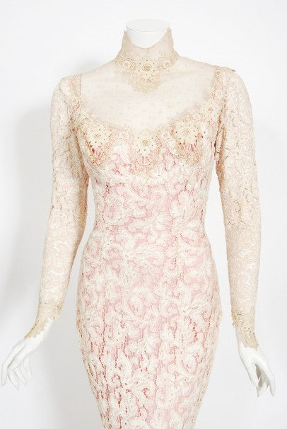 1969 Gypsy Rose Lee Custom Couture Ivory Lace &amp; Pink Silk Victorian Gown