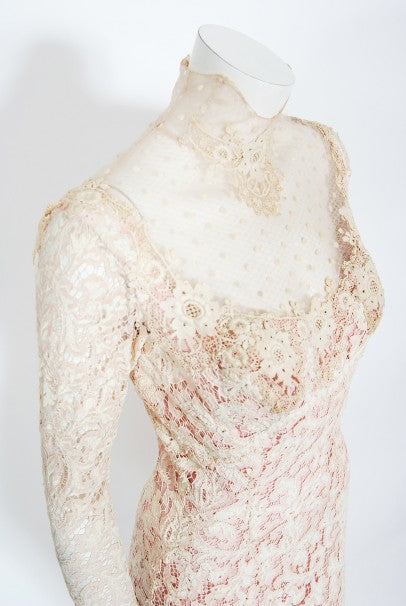 1969 Gypsy Rose Lee Custom Couture Ivory Lace &amp; Pink Silk Victorian Gown