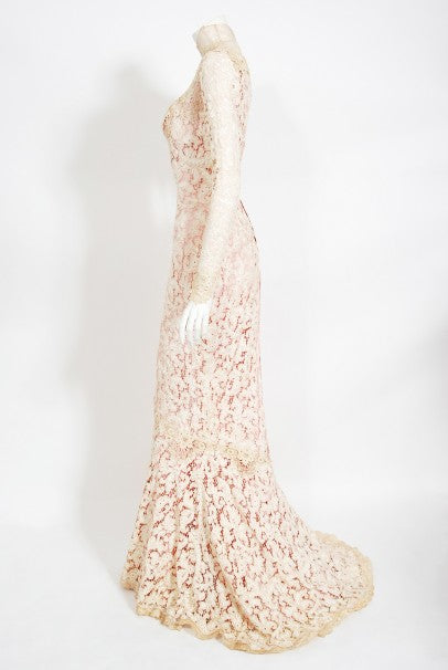 1969 Gypsy Rose Lee Custom Couture Ivory Lace &amp; Pink Silk Victorian Gown