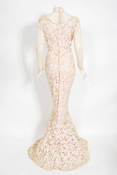 1969 Gypsy Rose Lee Custom Couture Ivory Lace &amp; Pink Silk Victorian Gown