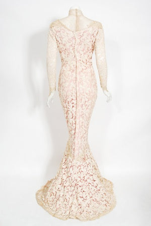 1969 Gypsy Rose Lee Custom Couture Ivory Lace & Pink Silk Victorian Gown