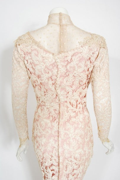1969 Gypsy Rose Lee Custom Couture Ivory Lace &amp; Pink Silk Victorian Gown
