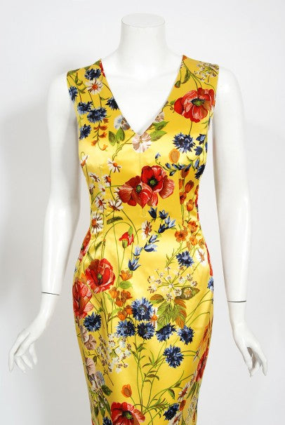 1999 Dolce &amp; Gabbana Yellow Floral Stretch Silk Boned Hourglass Gown