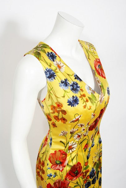 1999 Dolce &amp; Gabbana Yellow Floral Stretch Silk Boned Hourglass Gown