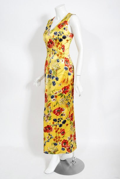 1999 Dolce &amp; Gabbana Yellow Floral Stretch Silk Boned Hourglass Gown