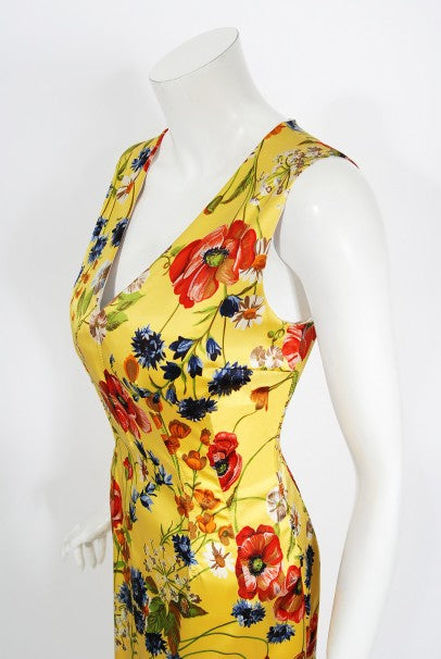 1999 Dolce &amp; Gabbana Yellow Floral Stretch Silk Boned Hourglass Gown