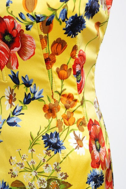 1999 Dolce &amp; Gabbana Yellow Floral Stretch Silk Boned Hourglass Gown