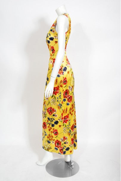 1999 Dolce &amp; Gabbana Yellow Floral Stretch Silk Boned Hourglass Gown