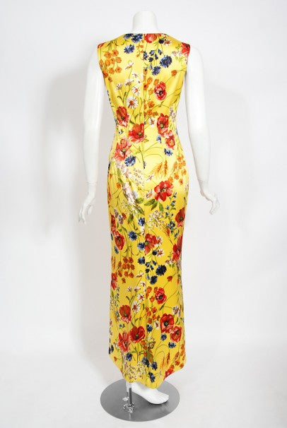 1999 Dolce &amp; Gabbana Yellow Floral Stretch Silk Boned Hourglass Gown