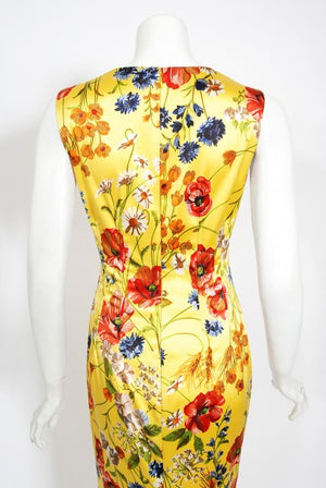 1999 Dolce & Gabbana Yellow Floral Stretch Silk Boned Hourglass Gown