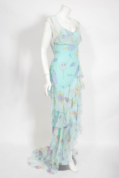 2002 Christian Dior by Galliano Novelty Candy Print Silk Bias-Cut Gown