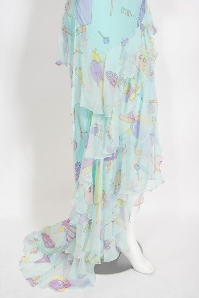 2002 Christian Dior by Galliano Novelty Candy Print Silk Bias-Cut Gown