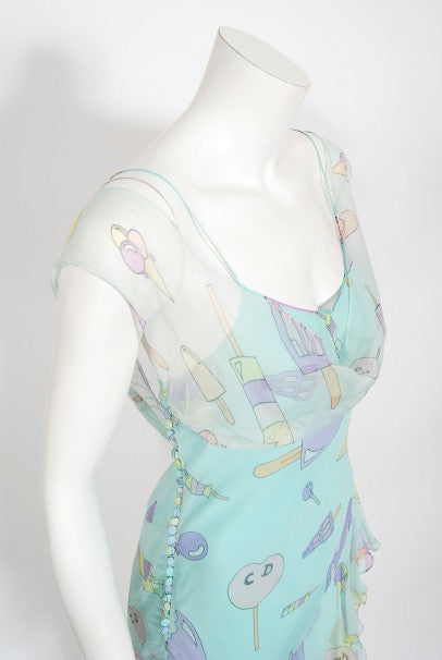 2002 Christian Dior by Galliano Novelty Candy Print Silk Bias-Cut Gown