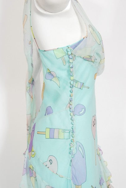 2002 Christian Dior by Galliano Novelty Candy Print Silk Bias-Cut Gown