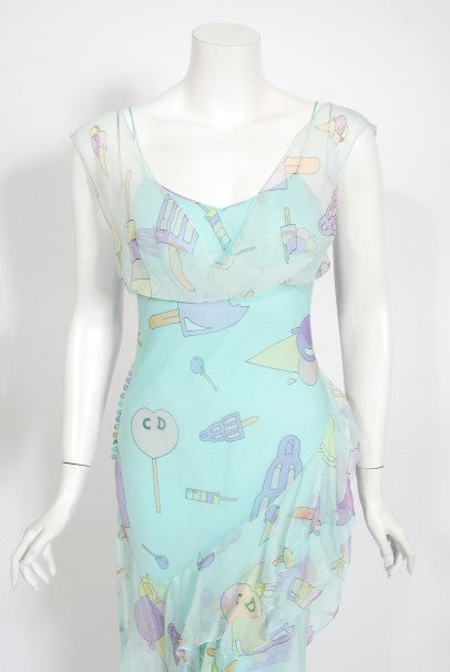 2002 Christian Dior by Galliano Novelty Candy Print Silk Bias-Cut Gown