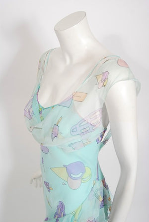 2002 Christian Dior by Galliano Novelty Candy Print Silk Bias-Cut Gown