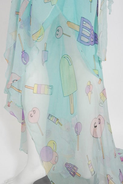 2002 Christian Dior by Galliano Novelty Candy Print Silk Bias-Cut Gown