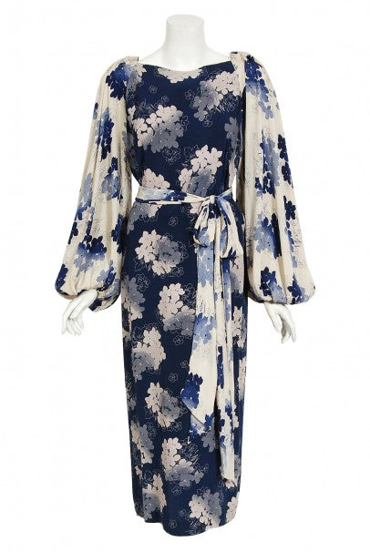 1930&#39;s Arthur Weiss Blue &amp; Ivory Floral Print Silk Balloon-Sleeve Dress