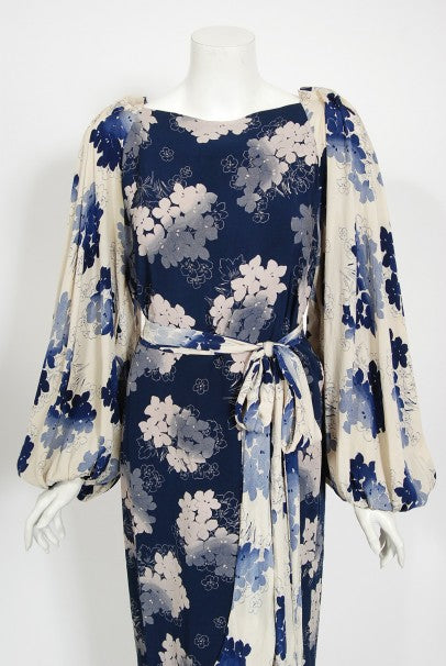 1930&#39;s Arthur Weiss Blue &amp; Ivory Floral Print Silk Balloon-Sleeve Dress