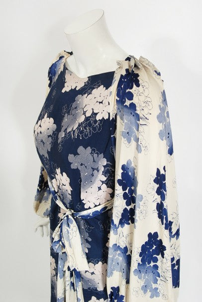 1930&#39;s Arthur Weiss Blue &amp; Ivory Floral Print Silk Balloon-Sleeve Dress