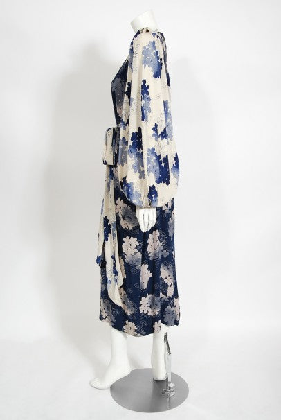 1930&#39;s Arthur Weiss Blue &amp; Ivory Floral Print Silk Balloon-Sleeve Dress