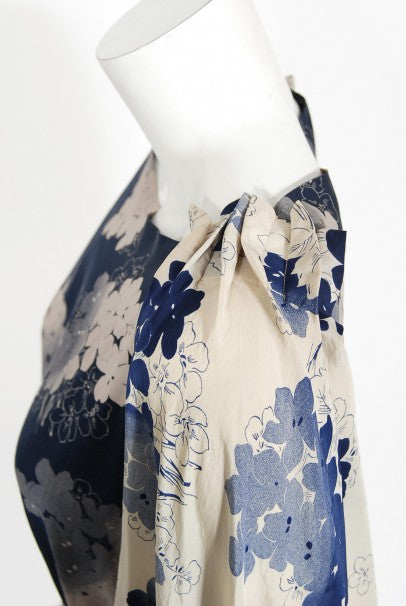 1930&#39;s Arthur Weiss Blue &amp; Ivory Floral Print Silk Balloon-Sleeve Dress
