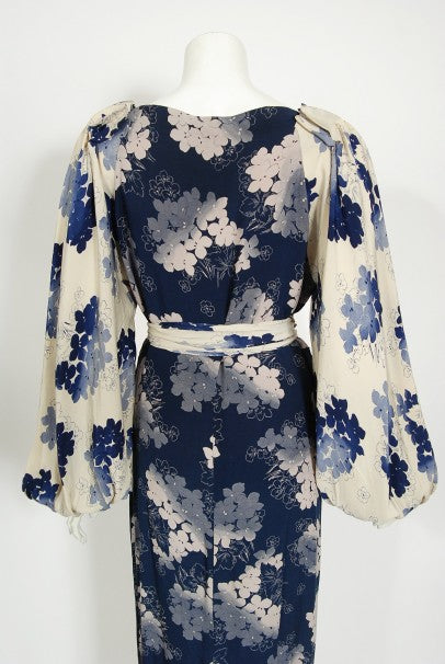 1930&#39;s Arthur Weiss Blue &amp; Ivory Floral Print Silk Balloon-Sleeve Dress