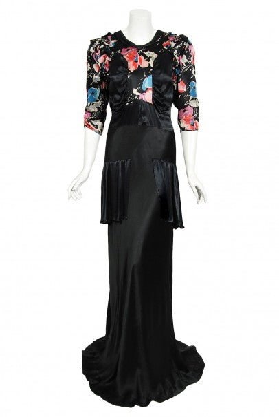 1930&#39;s Black Floral Print Silk Satin Tiered Bias-Cut Hourglass Deco Gown