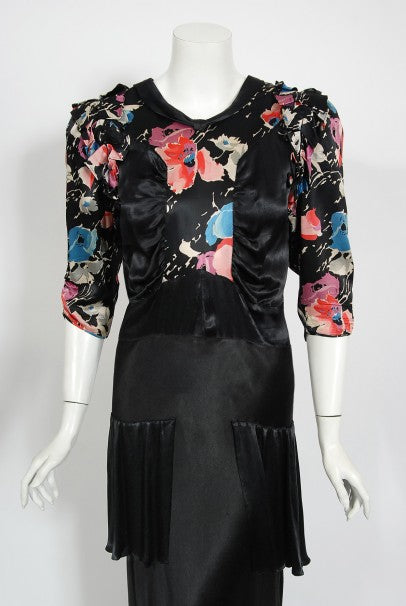 1930's Black Floral Print Silk Satin Tiered Bias-Cut Hourglass Deco Gown