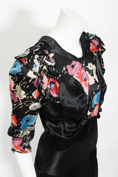 1930&#39;s Black Floral Print Silk Satin Tiered Bias-Cut Hourglass Deco Gown