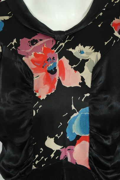 1930&#39;s Black Floral Print Silk Satin Tiered Bias-Cut Hourglass Deco Gown