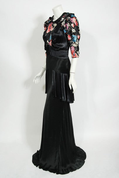 1930&#39;s Black Floral Print Silk Satin Tiered Bias-Cut Hourglass Deco Gown