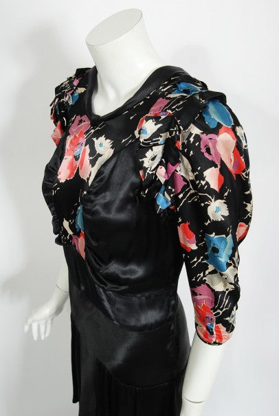 1930&#39;s Black Floral Print Silk Satin Tiered Bias-Cut Hourglass Deco Gown